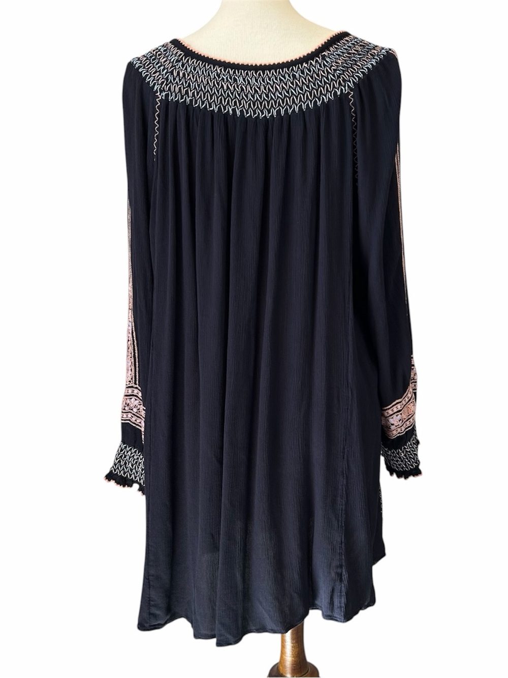 Free People Wind Willow Black Mini Dress LG Oversized Embroidered Tassel Boho - Picture 2 of 5